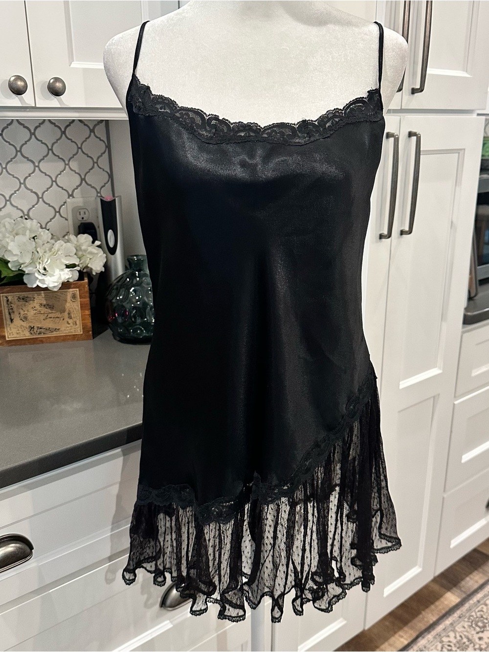 Black Lace Trim Satin Chemise Nightdress
